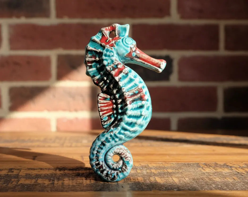 Decorative ceramic seahorse blue and red