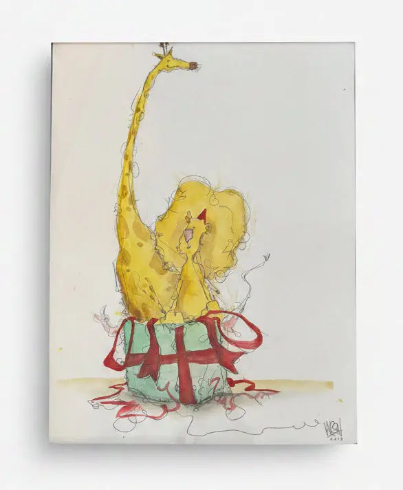 Artwork with a giraffe and a lion on a hot air balloon