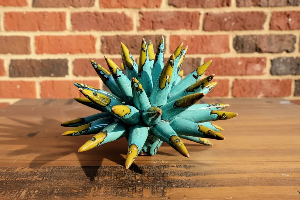 Decorative blue and yellow ceramic sea urchin
