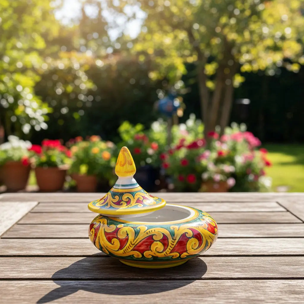Colorful decorative ceramic jewelry box with a lid