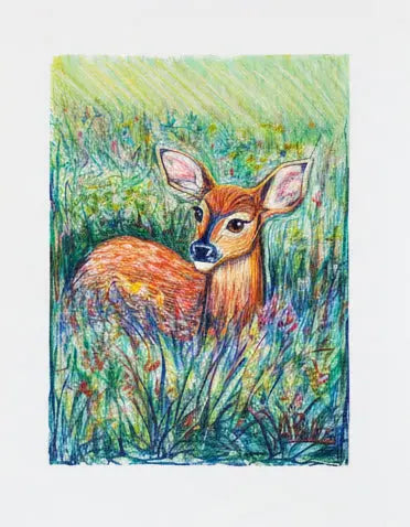 Artwork of a deer in a natural setting on a textured wall.