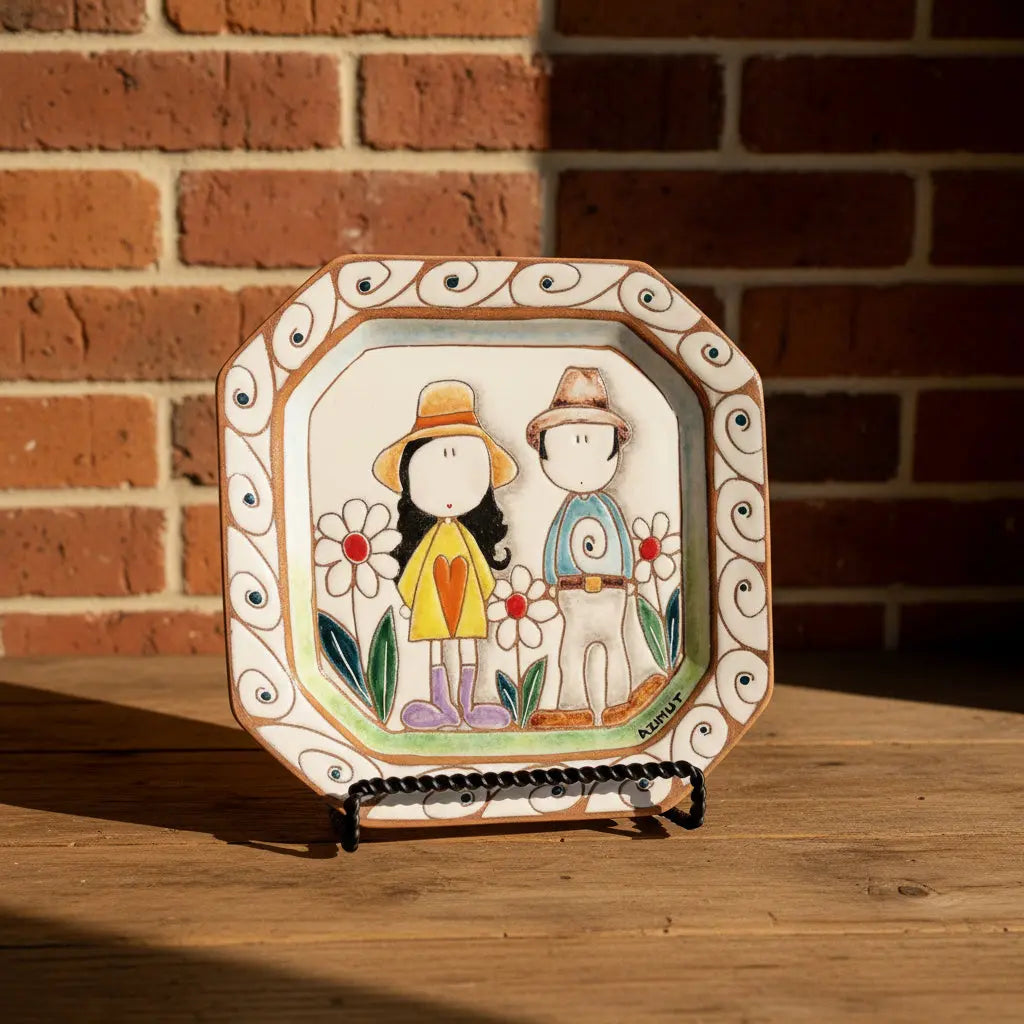 Decorative plate with a cartoon couple holding hands and flowers
