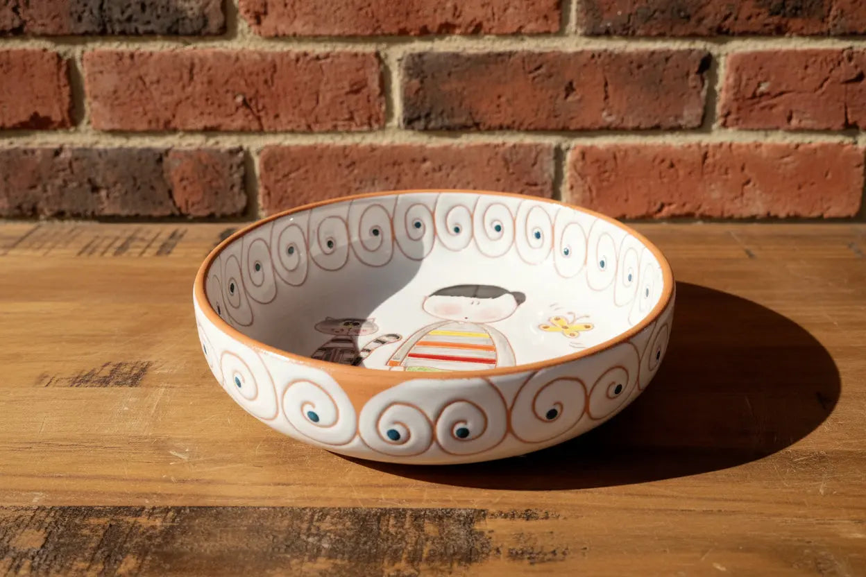 Azimut Round Bowl - Boy Cat & Butterfly D7.5" | 19 oz Pink Raven Art Gallery