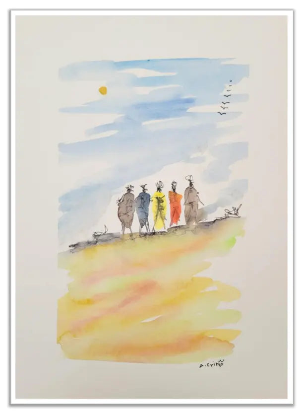 Colorful illustration of Tuareg walking in the desert with a blue sky and sun.