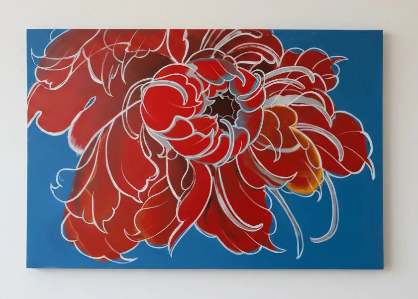 Painting of red flowers on a blue background