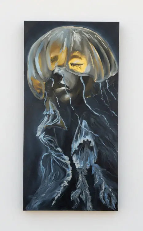 Artistic depiction of a person with glowing yellow eyes against a blue wall.