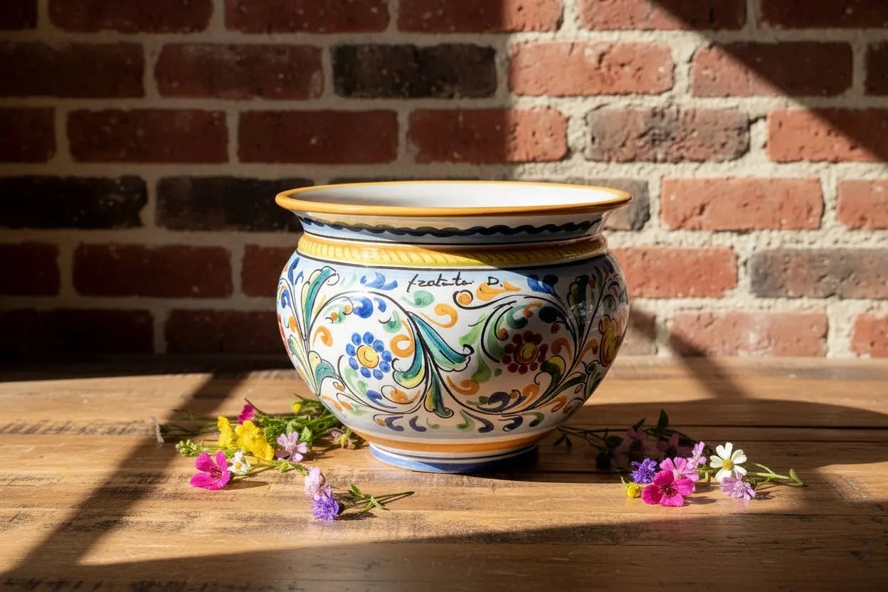 Ceramic vase / planter  with colorful floral patterns 