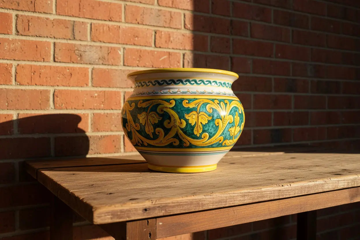 Decorative Ceramic vase / planter  with blue and yellow patterns 