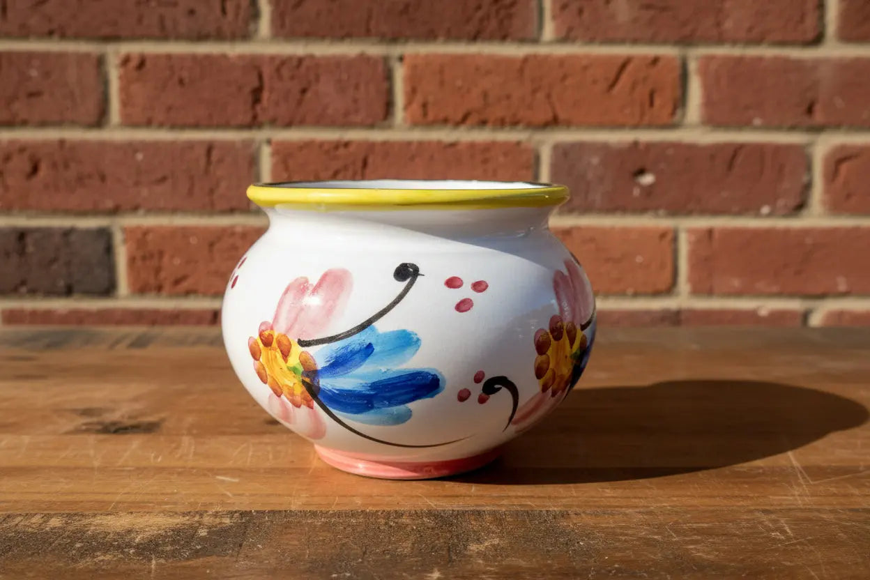 Decorative ceramic pot / planter / vase with a colorful dragonfly design
