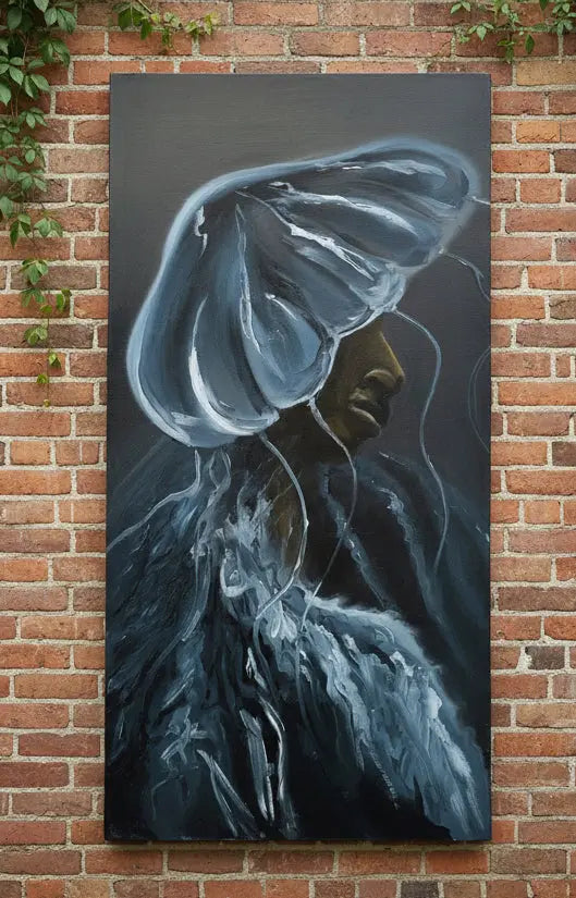 Painting of a person with a large, flowing hairstyle on a dark background