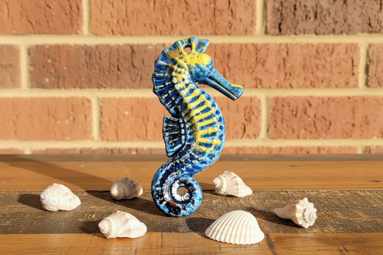 Decorative ceramic seahorse blue and yellow 