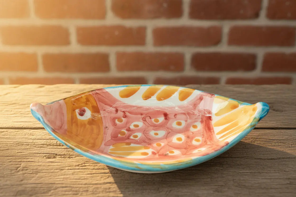 Pink and orange fish shaped ceramic boat