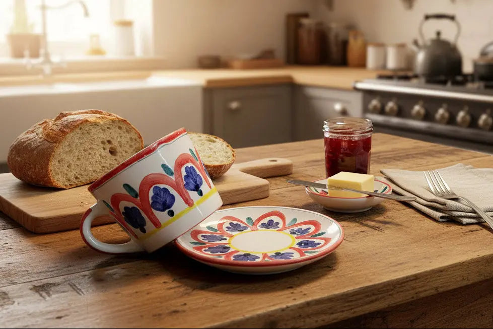 Colorful coffee mug and saucer 