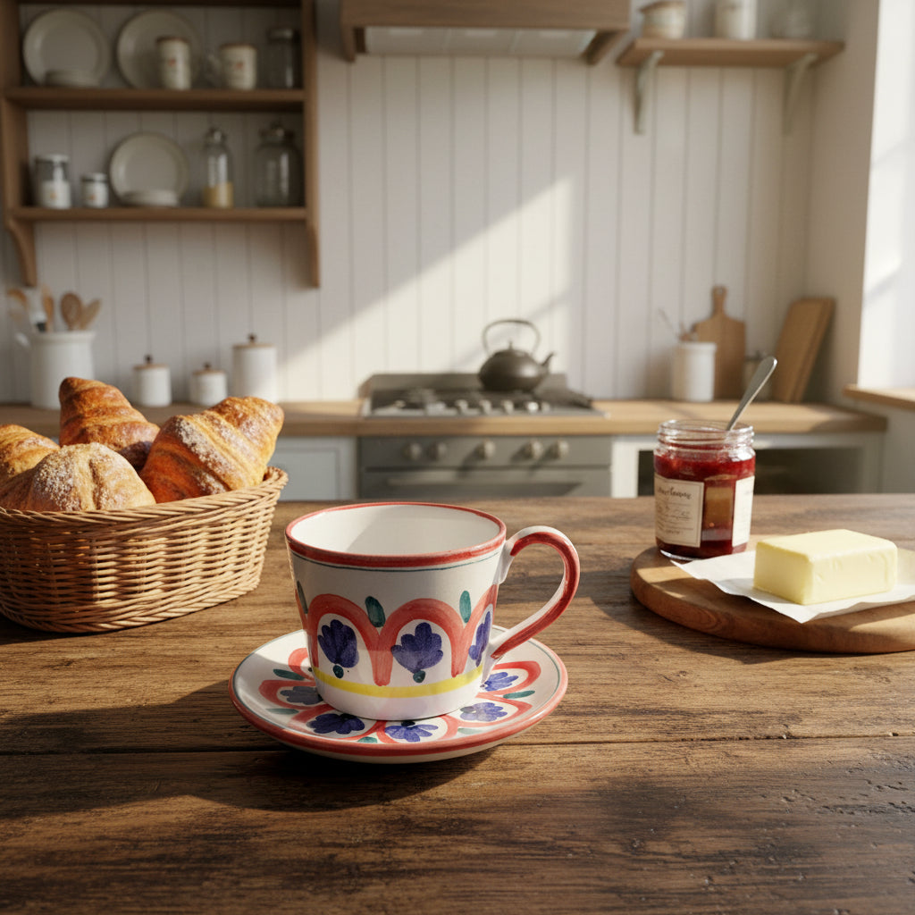 Colorful coffee mug and saucer 