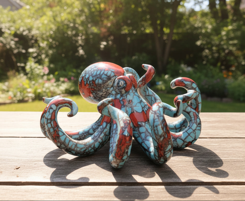 Decorative ceramic octopus blue and red