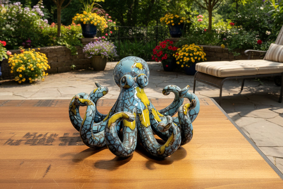 Decorative blue and yellow ceramic  octopus figurine