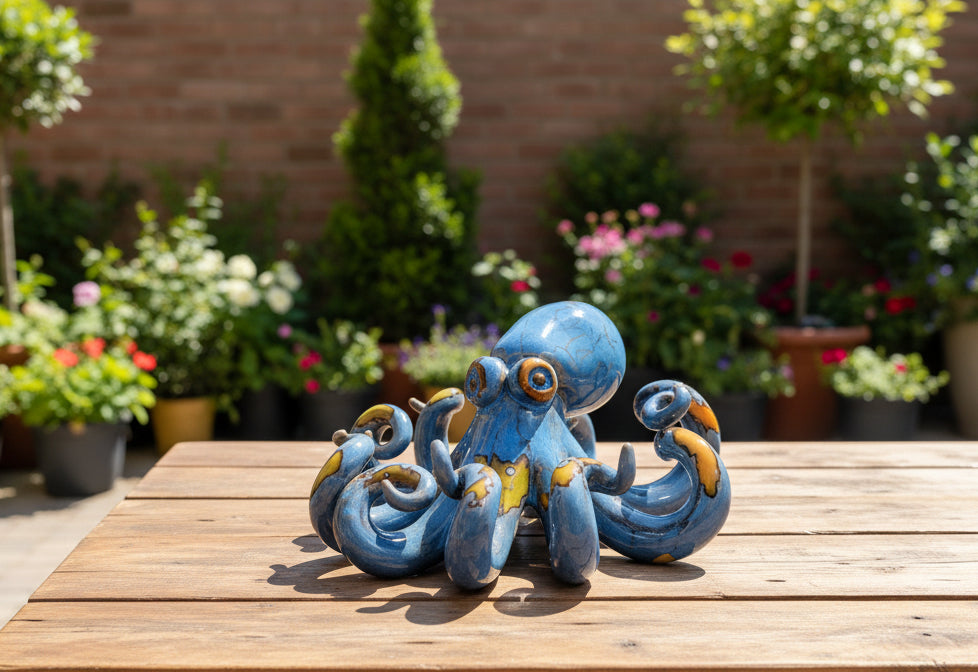 Blue and orange ceramic octopus figurine