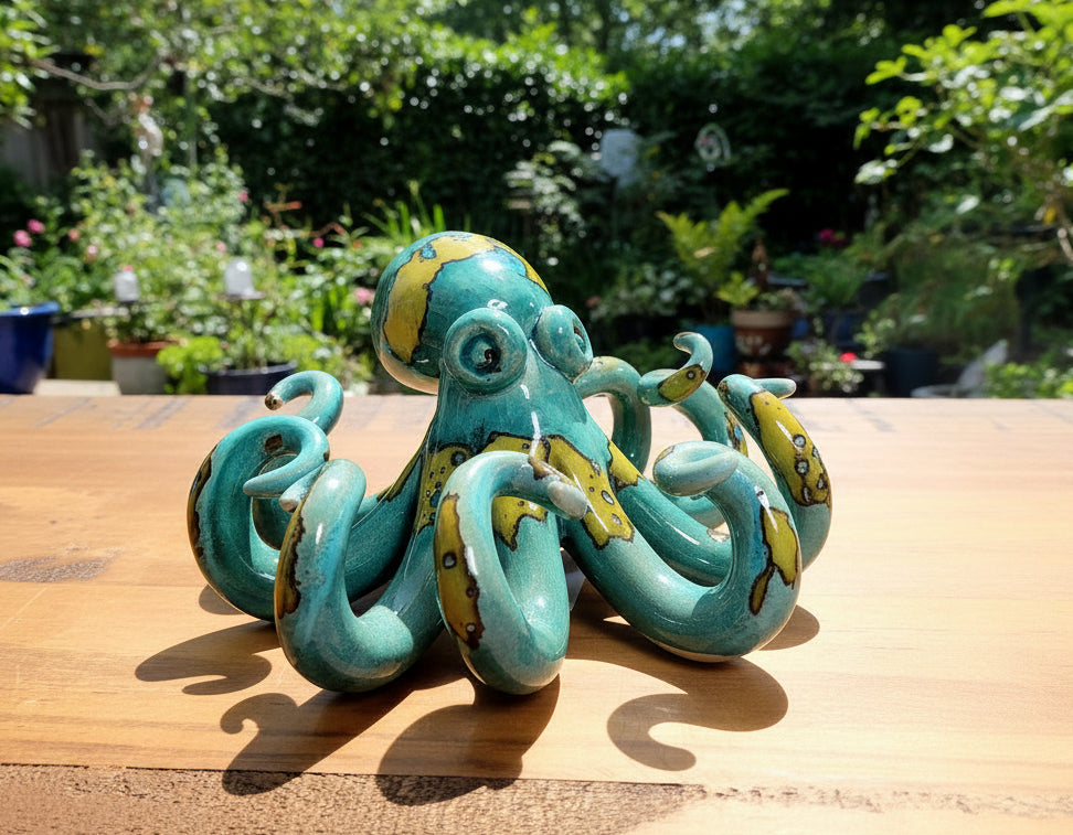 Turquoise and yellow ceramic octopus figurine