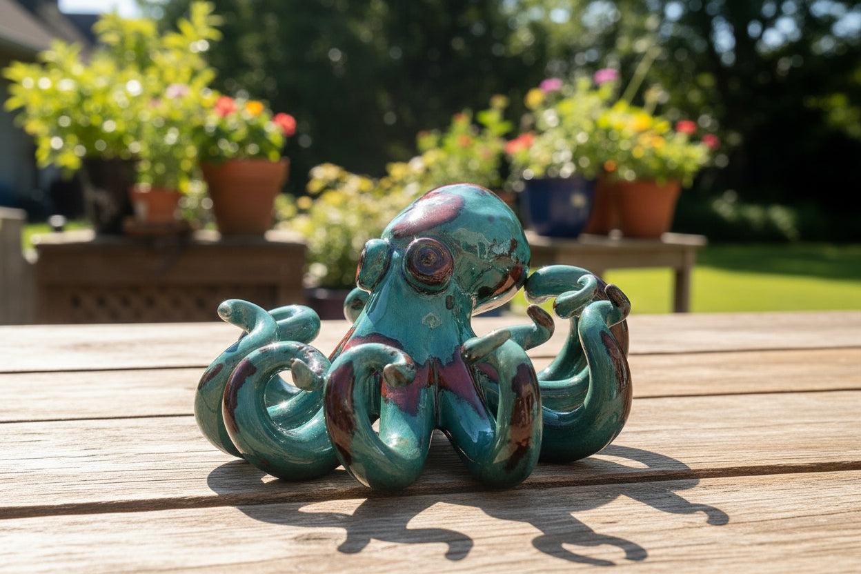 Decorative ceramic green and red octopus figurine 