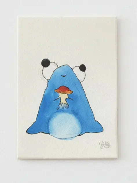 Illustration of a blue creature with a red mushroom on a beige background