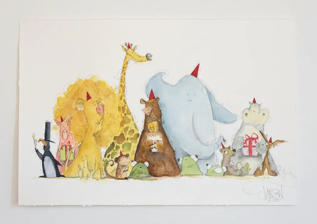 Framed artwork with cartoon characters on a light gray surface