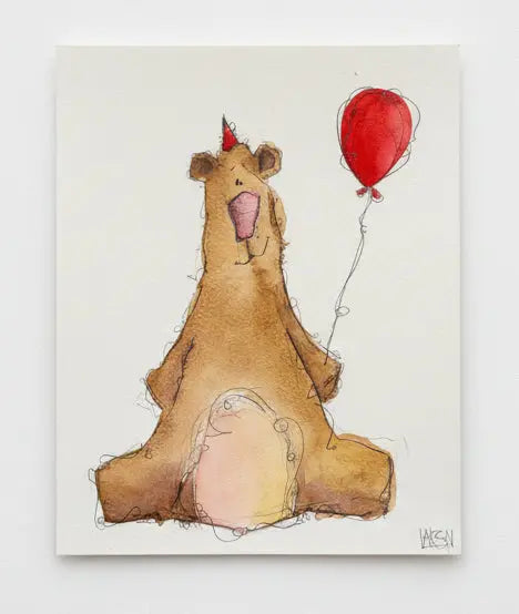 Framed illustration of a bear with a red balloon on a textured wall.