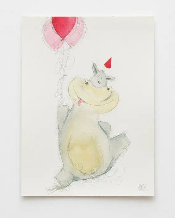 Framed illustration of a cartoon hippo character with a baloon on a plain background
