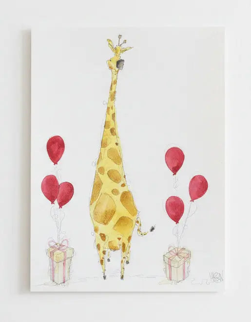 Cartoon giraffe with balloons and presents on a white background