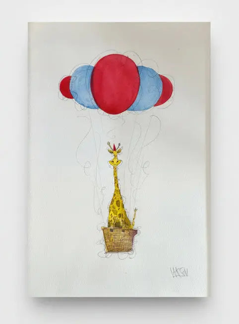 Framed artwork with giraffe on a air baloondon a white background.