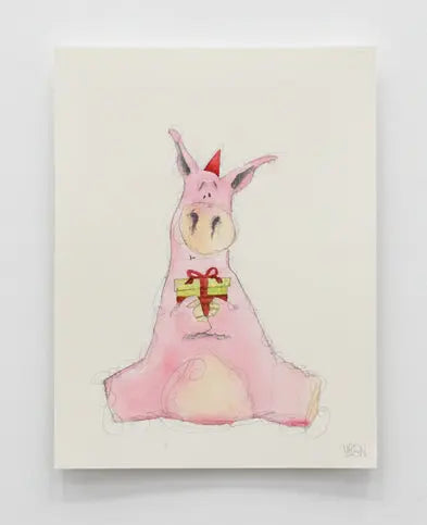 Framed illustration of a pink pig with a bow on a beige background