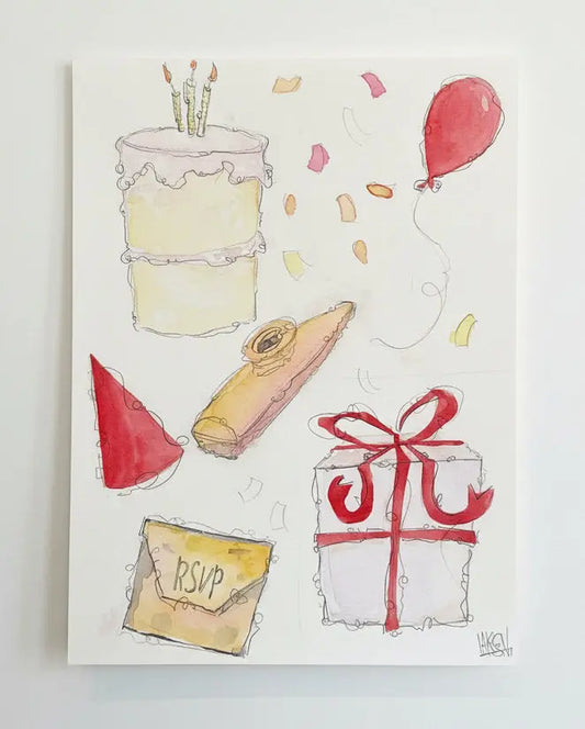 Framed artwork with presents, ballons, party stuff on a white background