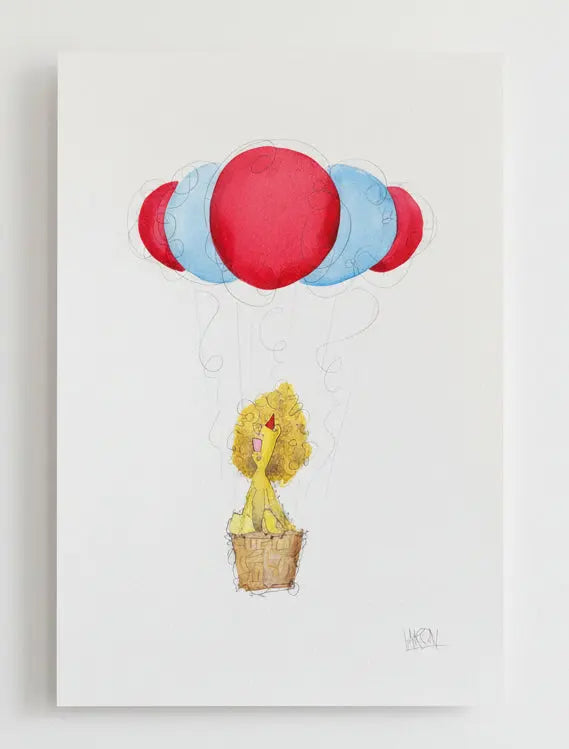 Artwork with a lion on colorful balloons and a basket on a textured surface