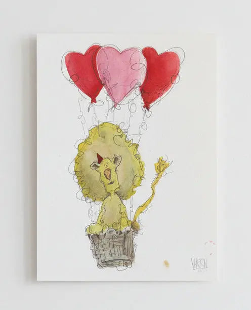 Artwork of a colorful lion with balloons on a plain wall.