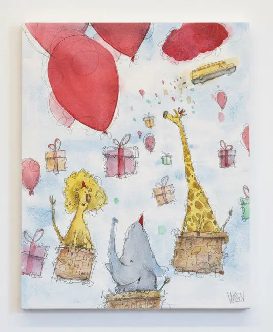Illustration of a giraffe, elephant, and lion with balloons and presents in the sky.