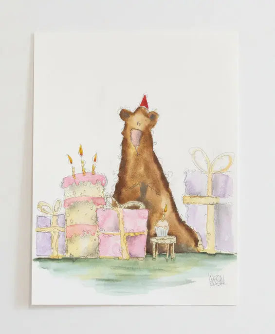 Artwork of a bear surrounded by presents on a textured wall.