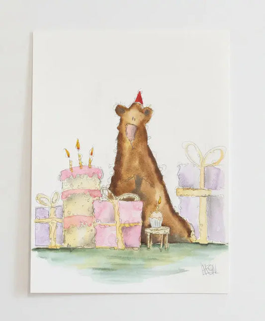 Artwork of a bear surrounded by presents on a textured wall.