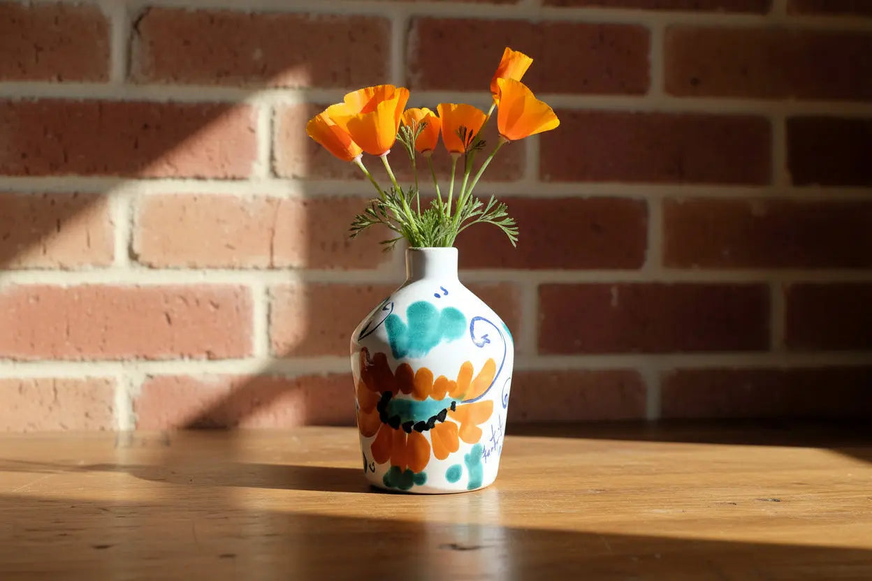 Ceramic vase / oil bottle with colorful flower design 