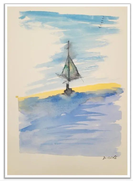 Watercolor painting of a sailboat on water with a blue sky and yellow horizon.