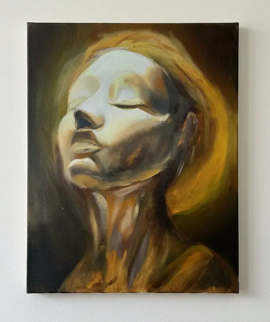 Painting of a person with closed eyes on a blue background