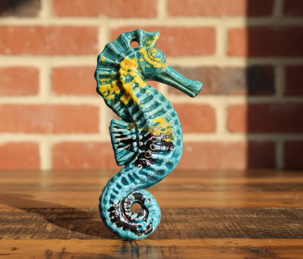 Decorative ceramic seahorse green and yellow