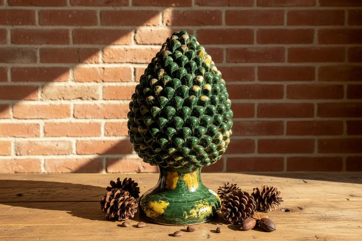 Decorative green and yellow large ceramic Sicilian pinecone 