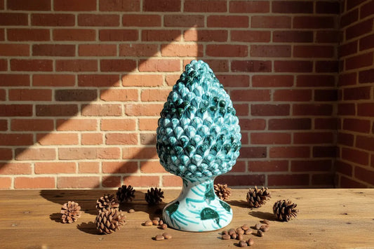 Decorative white and green large ceramic Sicilian pinecone 