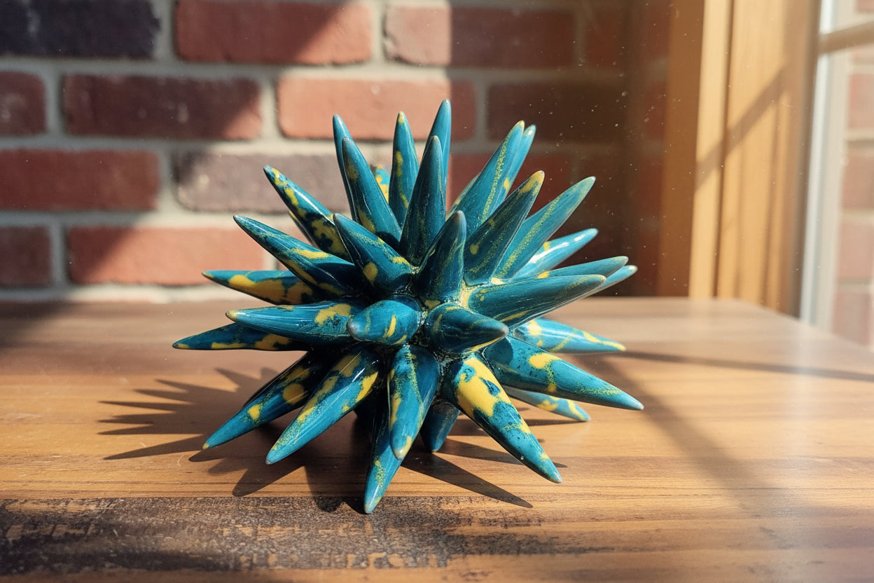 Blue and yellow ceramic sea urchin 