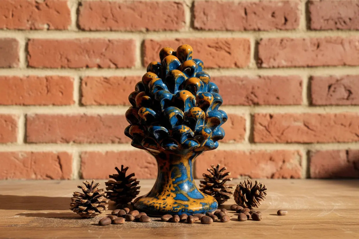 Decorative blue and orange ceramic Sicilian pinecone 