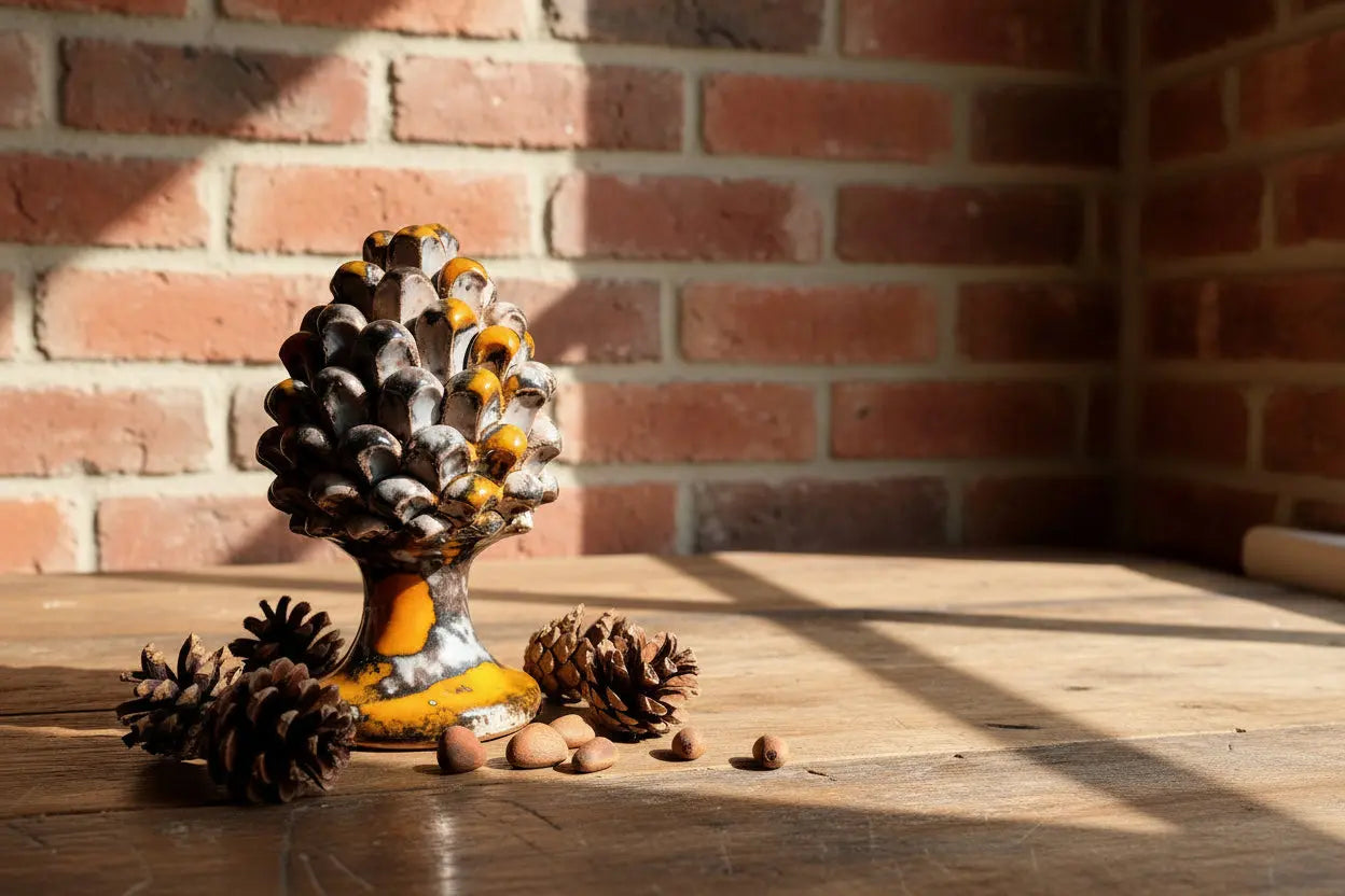 Decorative grey and orange ceramic Sicilian pinecone 