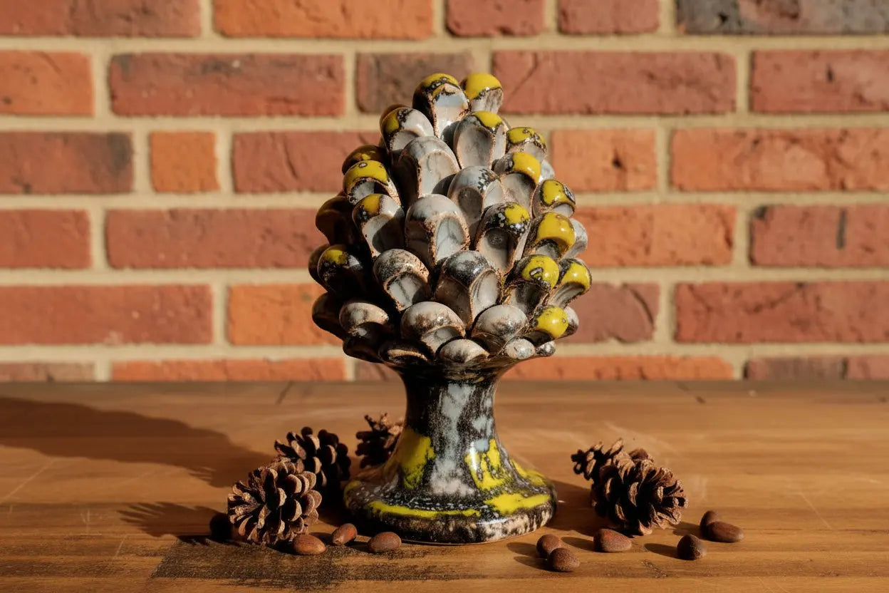 Decorative grey and yellow ceramic Sicilian pinecone 