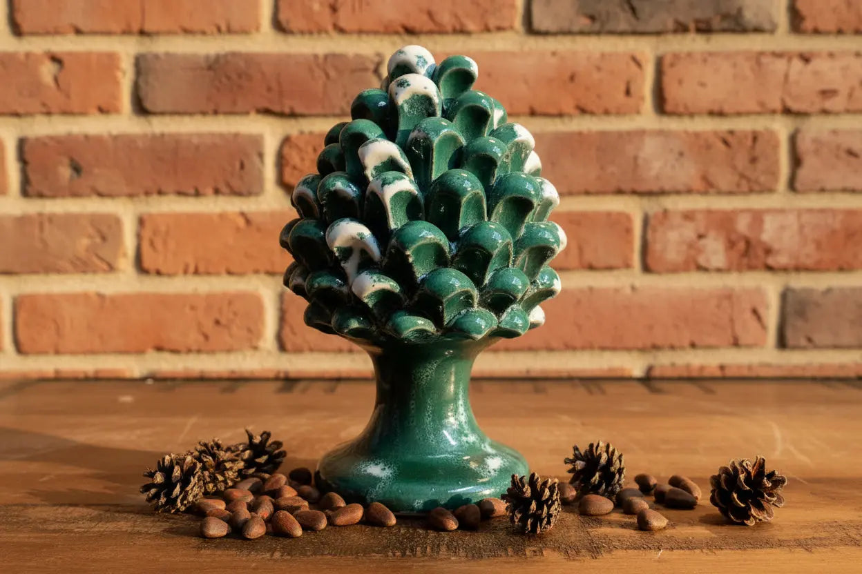 Decorative green and white ceramic Sicilian pinecone 