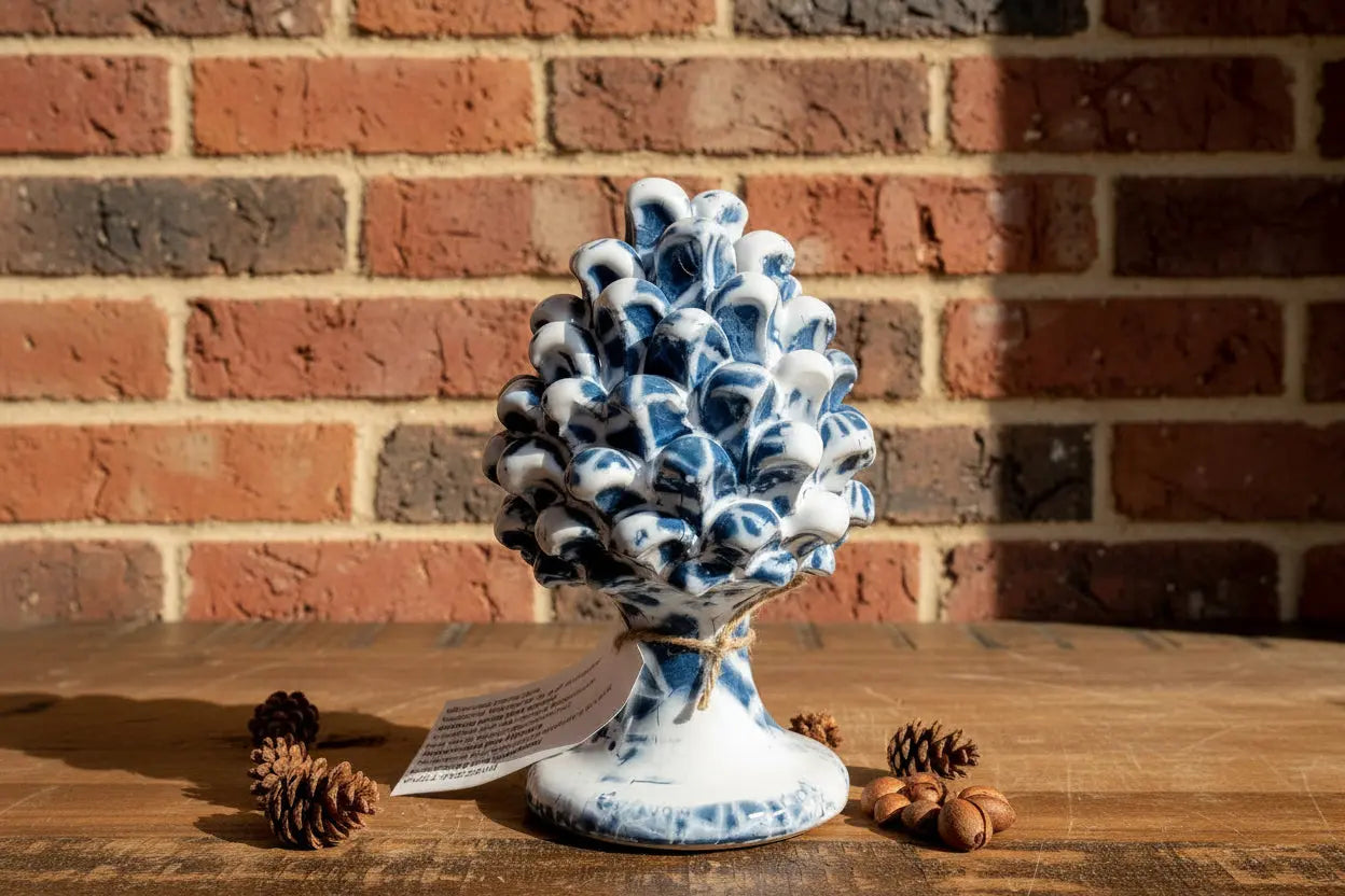 Decorative white and blue ceramic Sicilian pinecone 