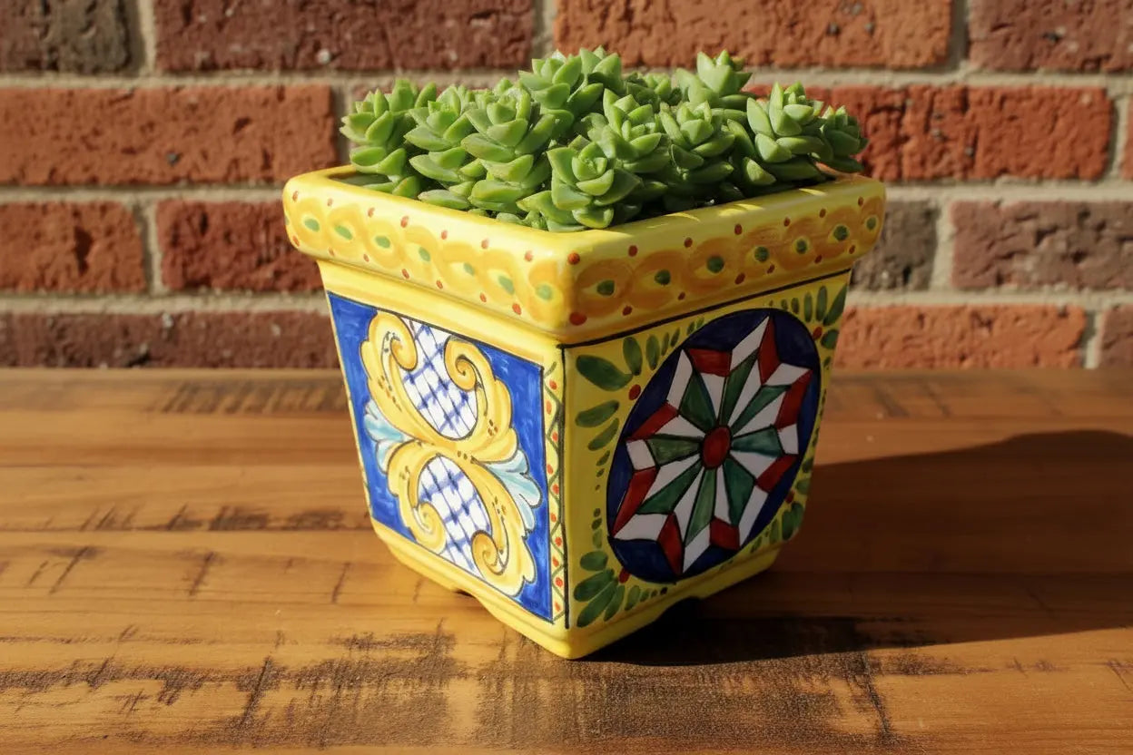 Decorative square ceramic vase / planterwith colorful patterns 