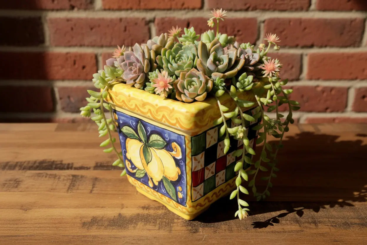 Decorative square ceramic vase / planter with colorful patterns 